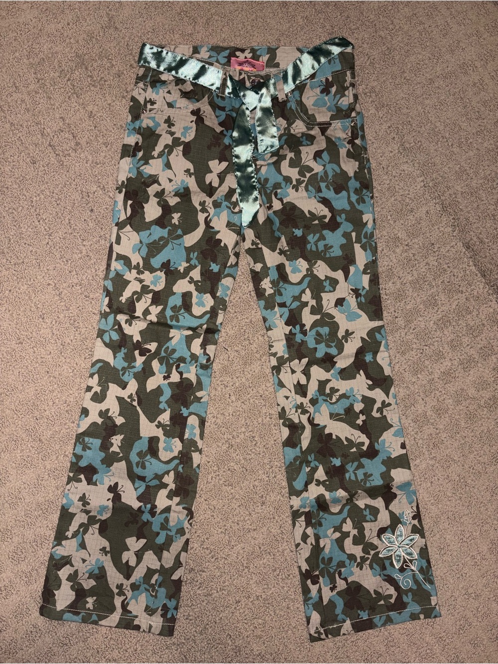Floral Print Boot-Cut Pants with Satin Tie - Blue/Gray, Size 12